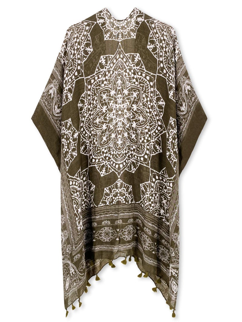 Breezy Lane Kimonos for Women Beach Coverup Summer Cardigan with Green Boho Print Tassel - Image 4
